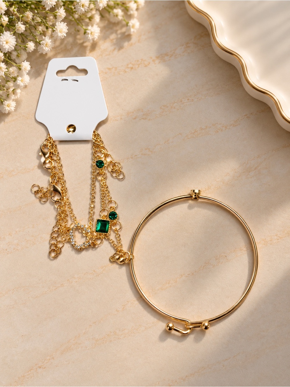 Gold Bracelet and Green Gem Layered Charm Bracelet Set